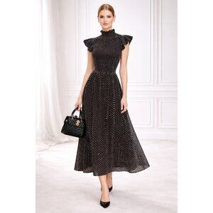 Kate Spade Clip Dot Midi Dress Black White High Neck Ruffle A-Line Silk Blend 6